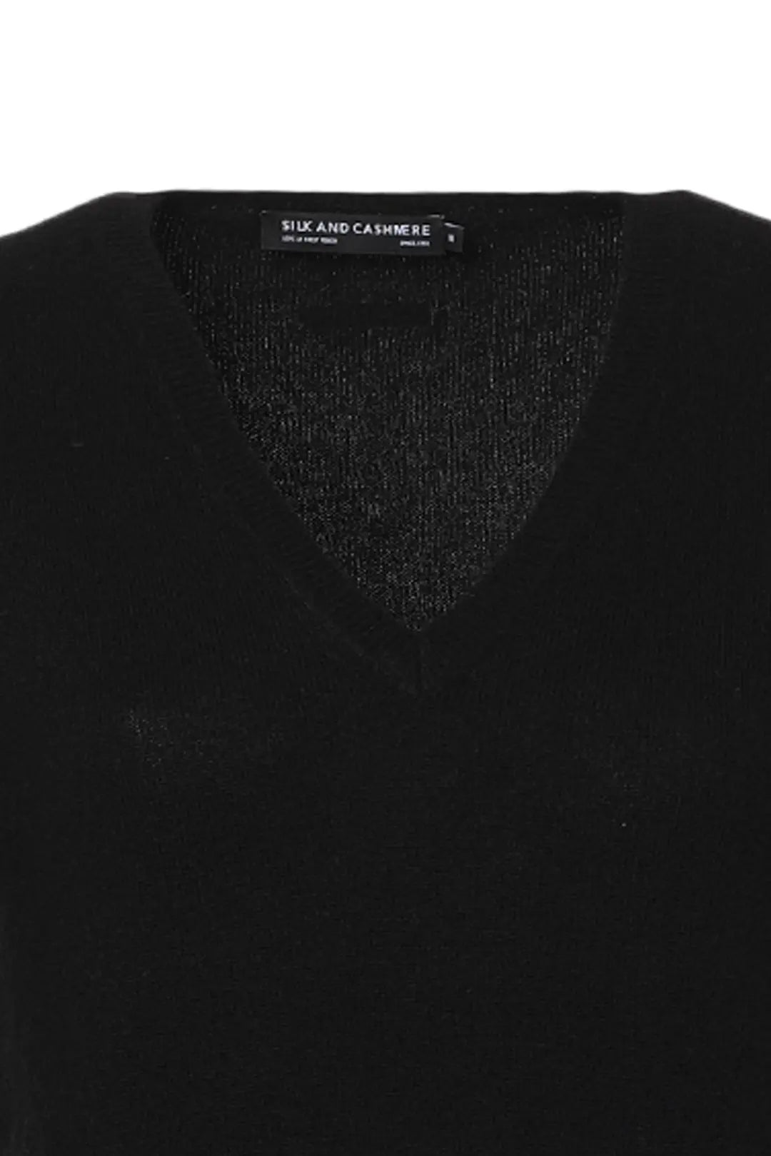 Siyah Saf Kaşmir Veronique V Yaka Uzun Kollu Kadın Kazak Silk and Cashmere