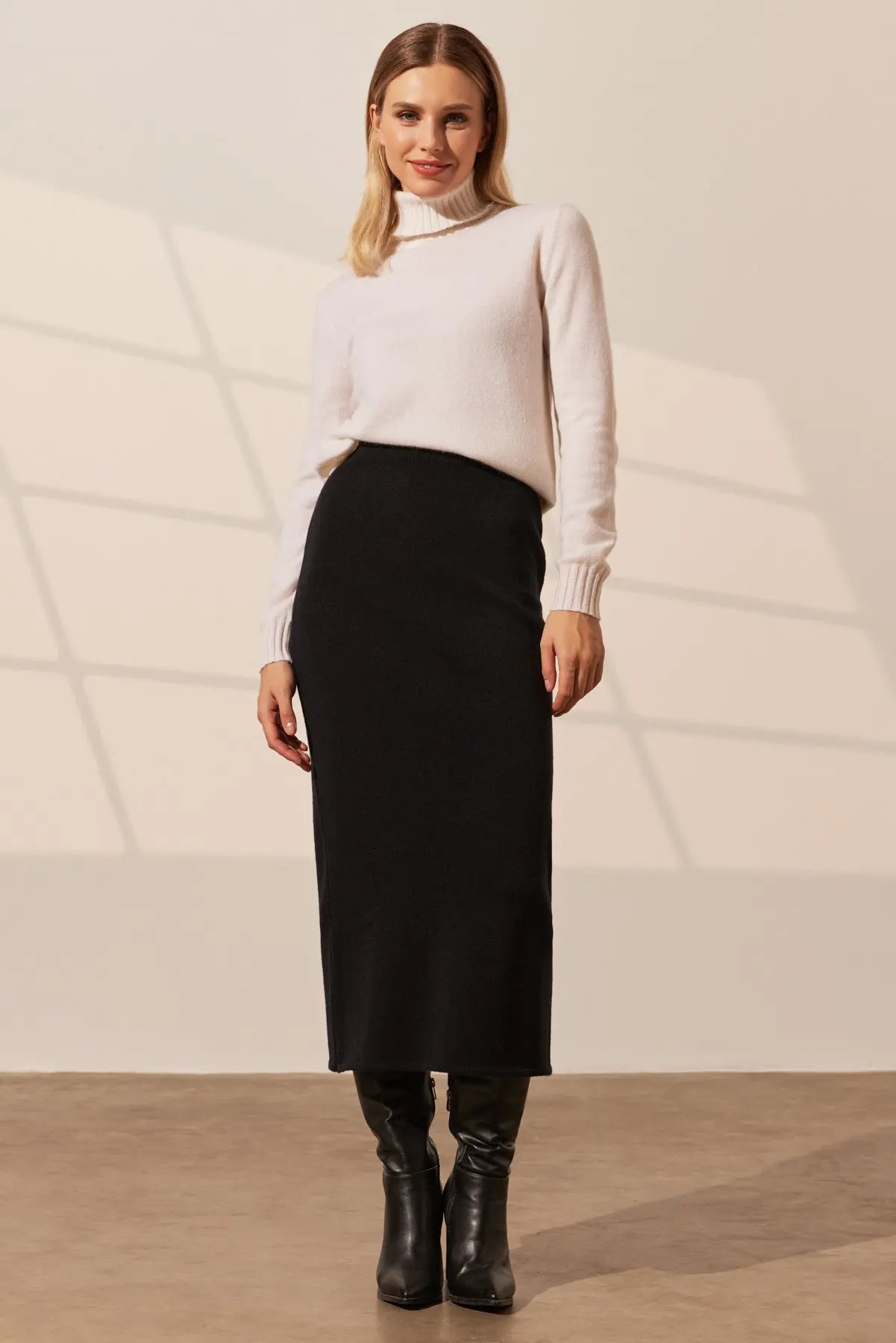 Siyah Stella Yün Uzun Örme Etek Silk and Cashmere