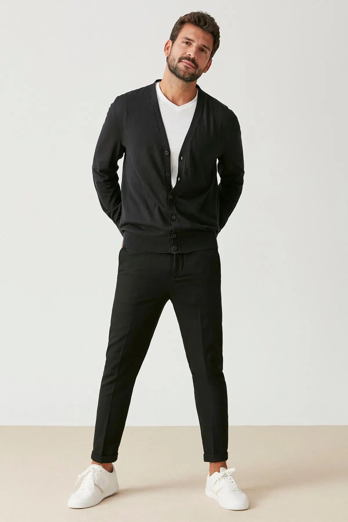 Siyah & More Tony Modal ve Pamuklu V Yaka Uzun Kollu Erkek Hrka Silk and Cashmere