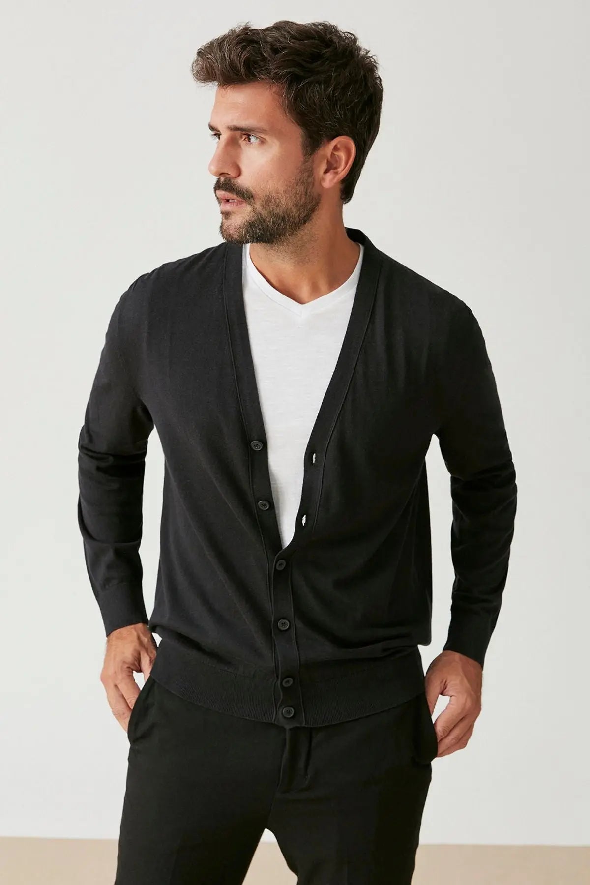 Siyah & More Tony Modal ve Pamuklu V Yaka Uzun Kollu Erkek Hrka Silk and Cashmere