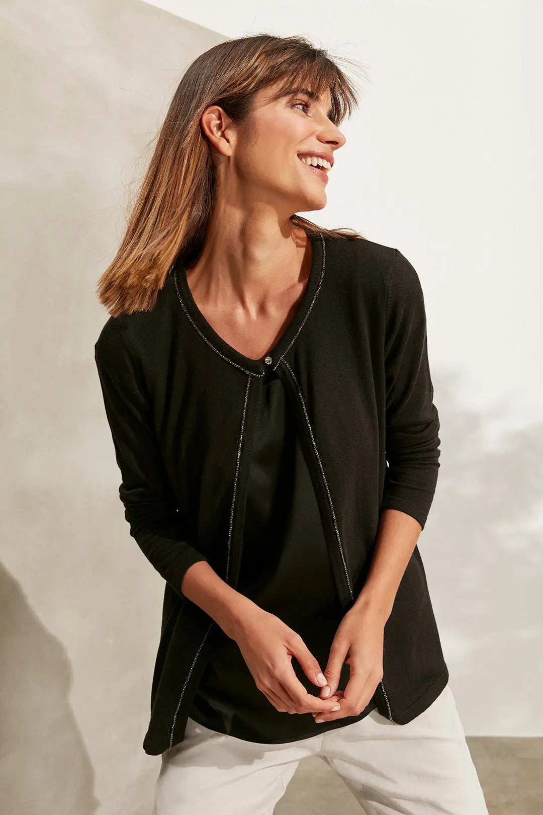 Siyah & More Venüs Siyah Pırlanta Detaylı Uzun Kollu İnce Triko Hırka Silk and Cashmere