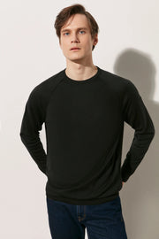 Siyah pek Pamuk Quentin Yuvarlak Yaka Uzun Kollu Erkek Triko Kazak Silk and Cashmere