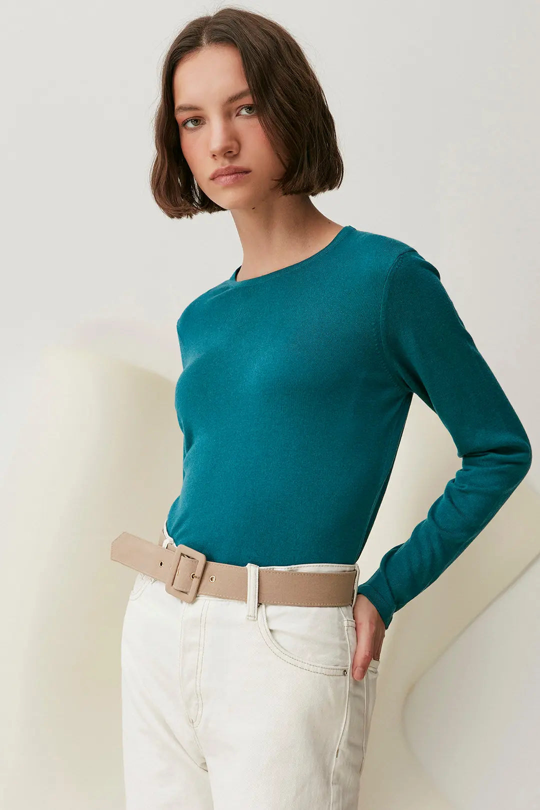 Tavuskusu İpek ve Kaşmir Yuvarlak Yaka Uzun Kollu Aleyna Triko Silk and Cashmere