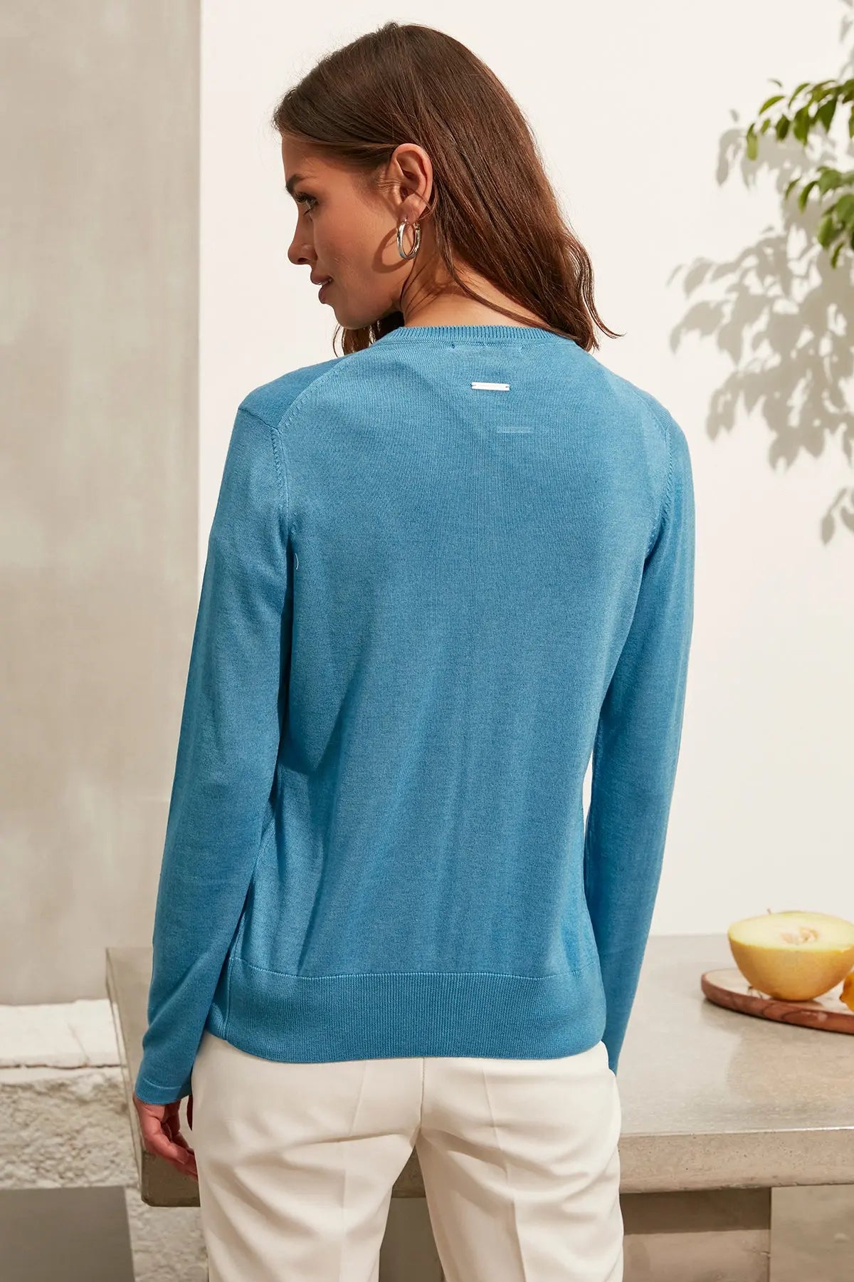 Turkuaz İpek Karışımlı Melinda Yuvarlak Yaka Uzun Kollu Hırka Silk and Cashmere