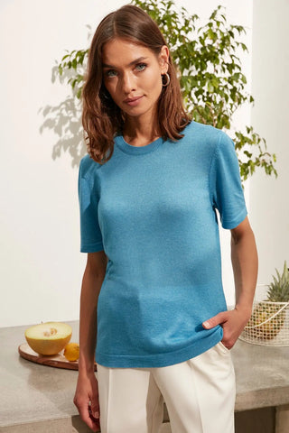 Turkuaz Kaşmirli Melinda Yuvarlak Yaka Kısa Kollu Triko Silk and Cashmere
