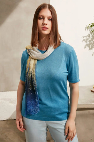 Turkuaz Kaşmirli Melinda Yuvarlak Yaka Kısa Kollu Triko Silk and Cashmere