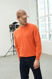 Turuncu Saf Kamir V Yaka Uzun Kollu Vincent Erkek Kazak Silk and Cashmere