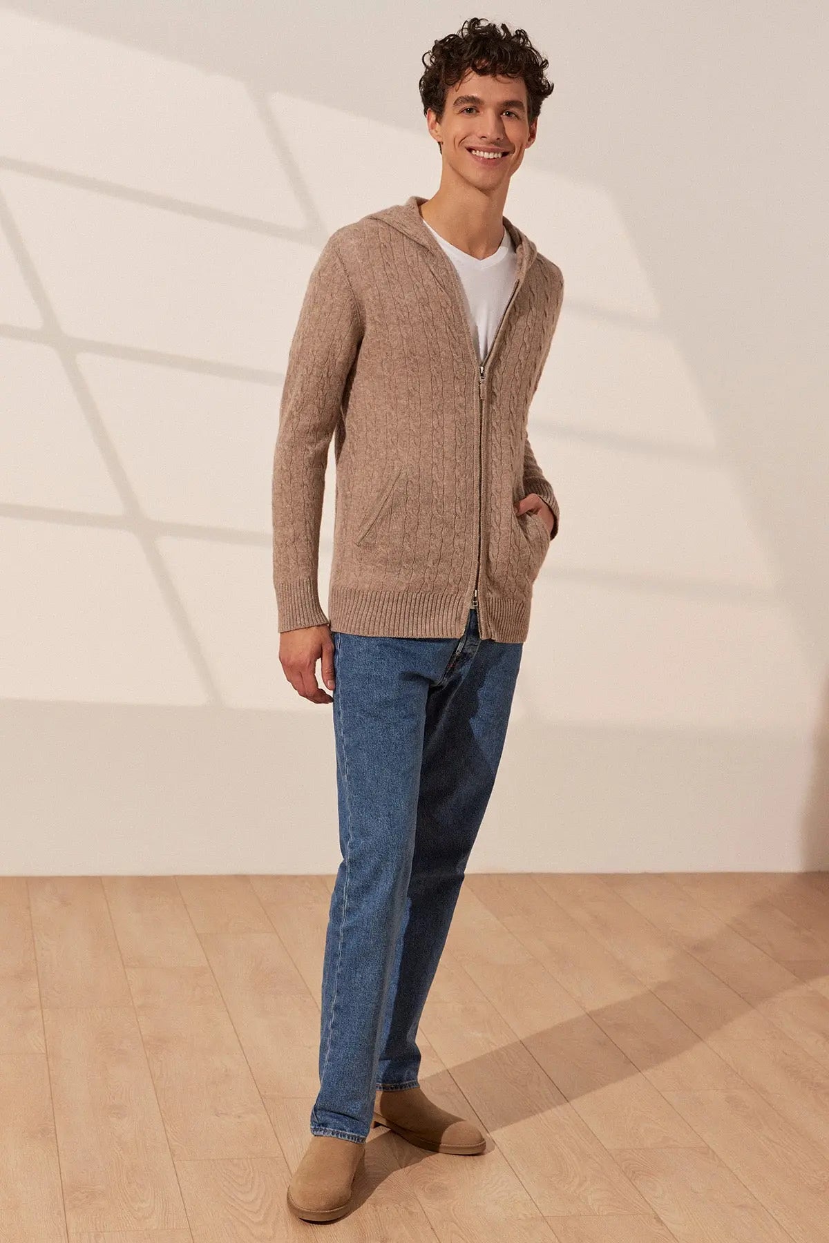 Vizon Amerigo Avustralya Yünü Kaşmir Saç Örgülü Uzun Kollu Erkek Kapüşonlu Hırka Silk and Cashmere