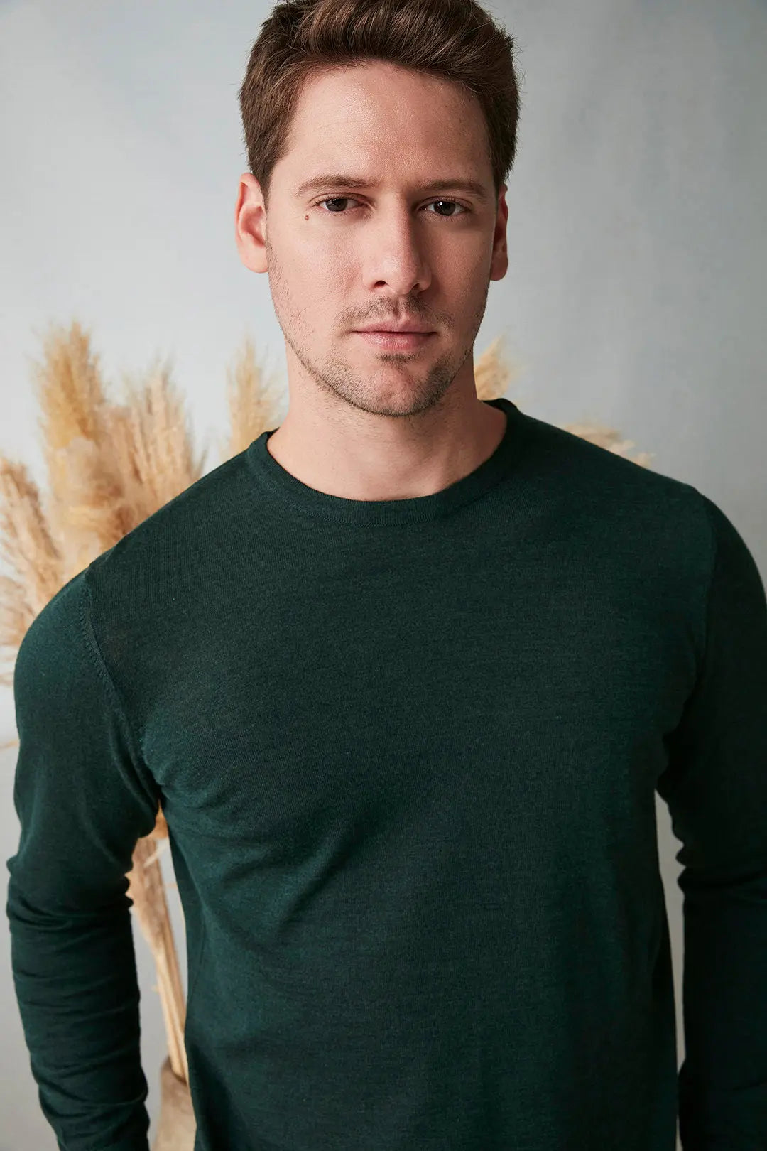 Yeşil İpek Karışımlı Uzun Kollu Quentin Yuvarlak Yaka Erkek Kazak Silk and Cashmere