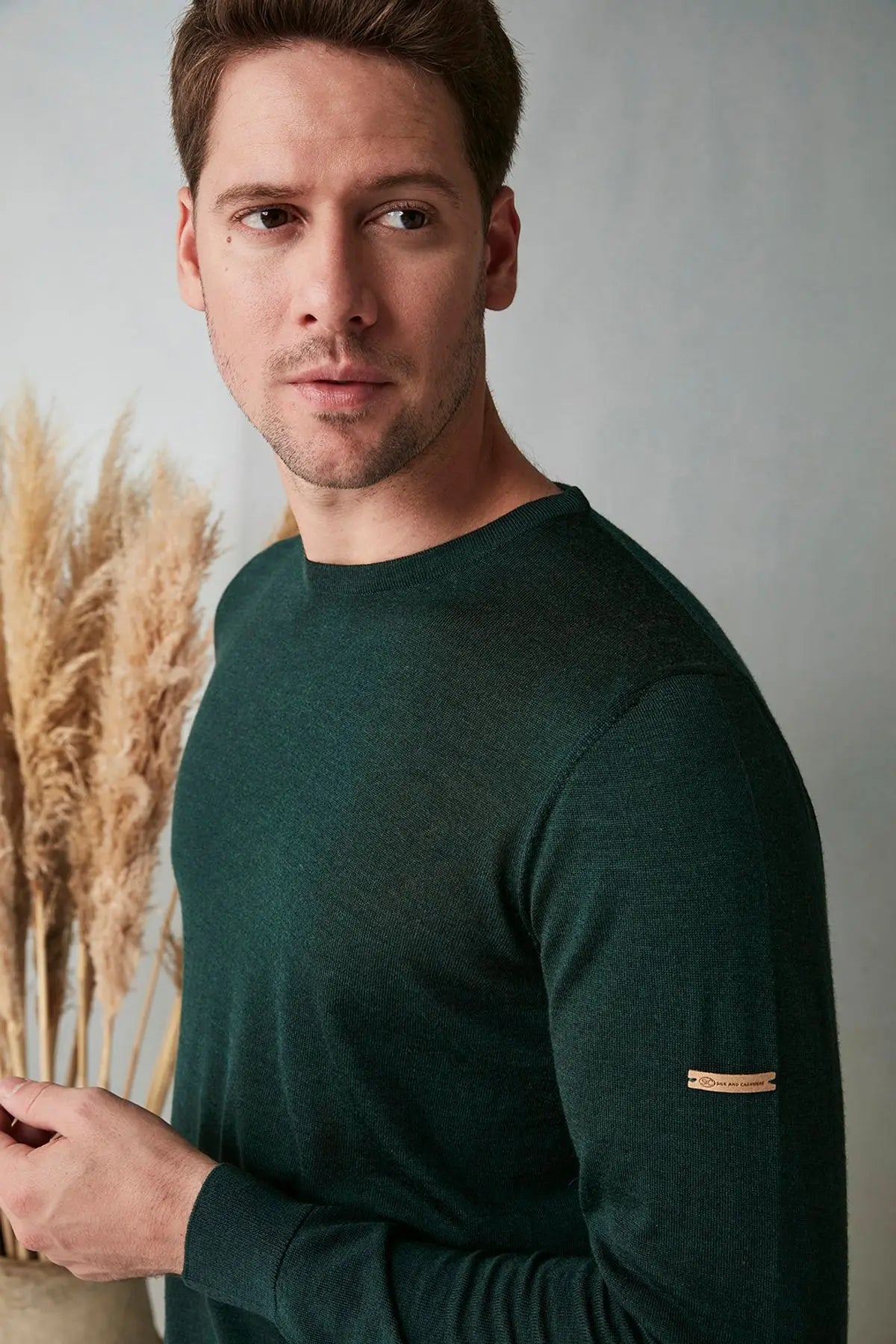 Yeşil İpek Karışımlı Uzun Kollu Quentin Yuvarlak Yaka Erkek Kazak Silk and Cashmere