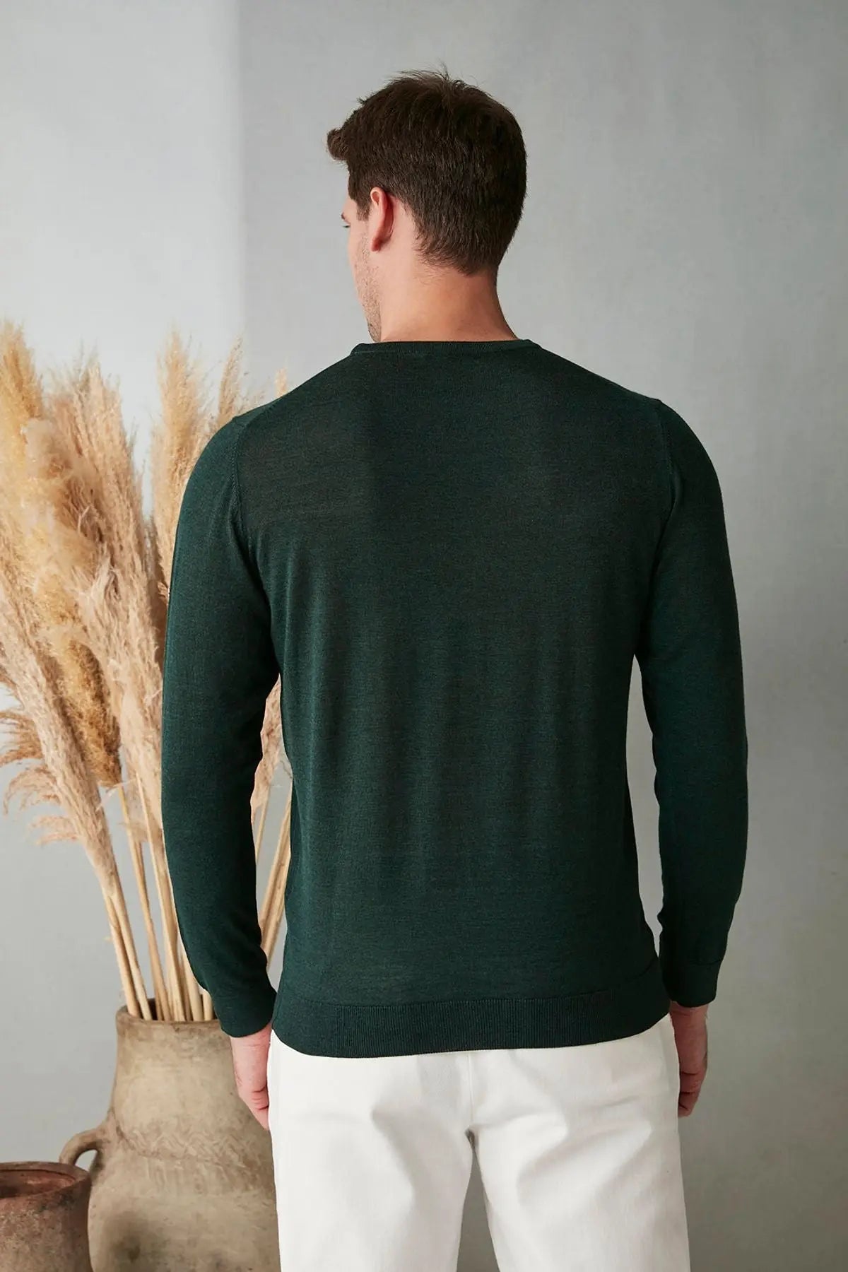 Yeşil İpek Karışımlı Uzun Kollu Quentin Yuvarlak Yaka Erkek Kazak Silk and Cashmere