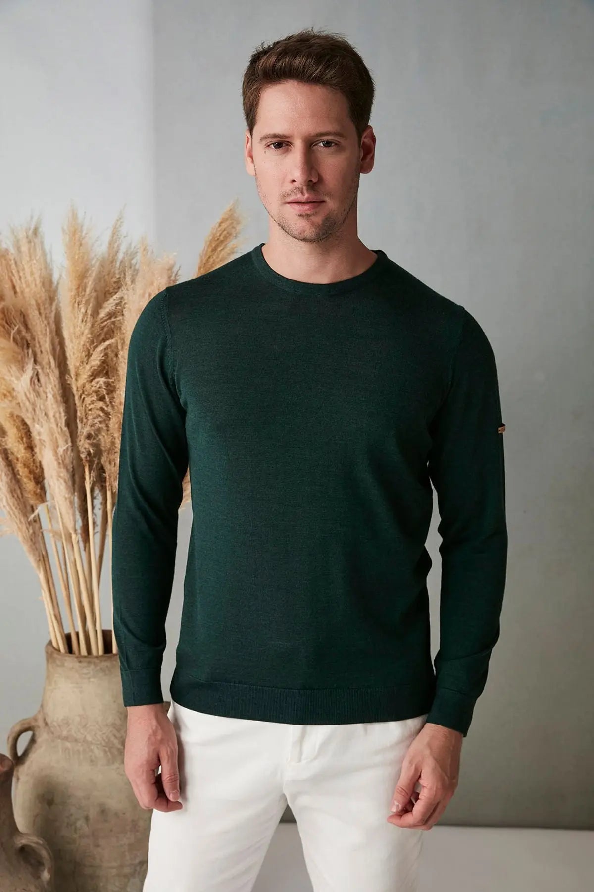 Yeşil İpek Karışımlı Uzun Kollu Quentin Yuvarlak Yaka Erkek Kazak Silk and Cashmere