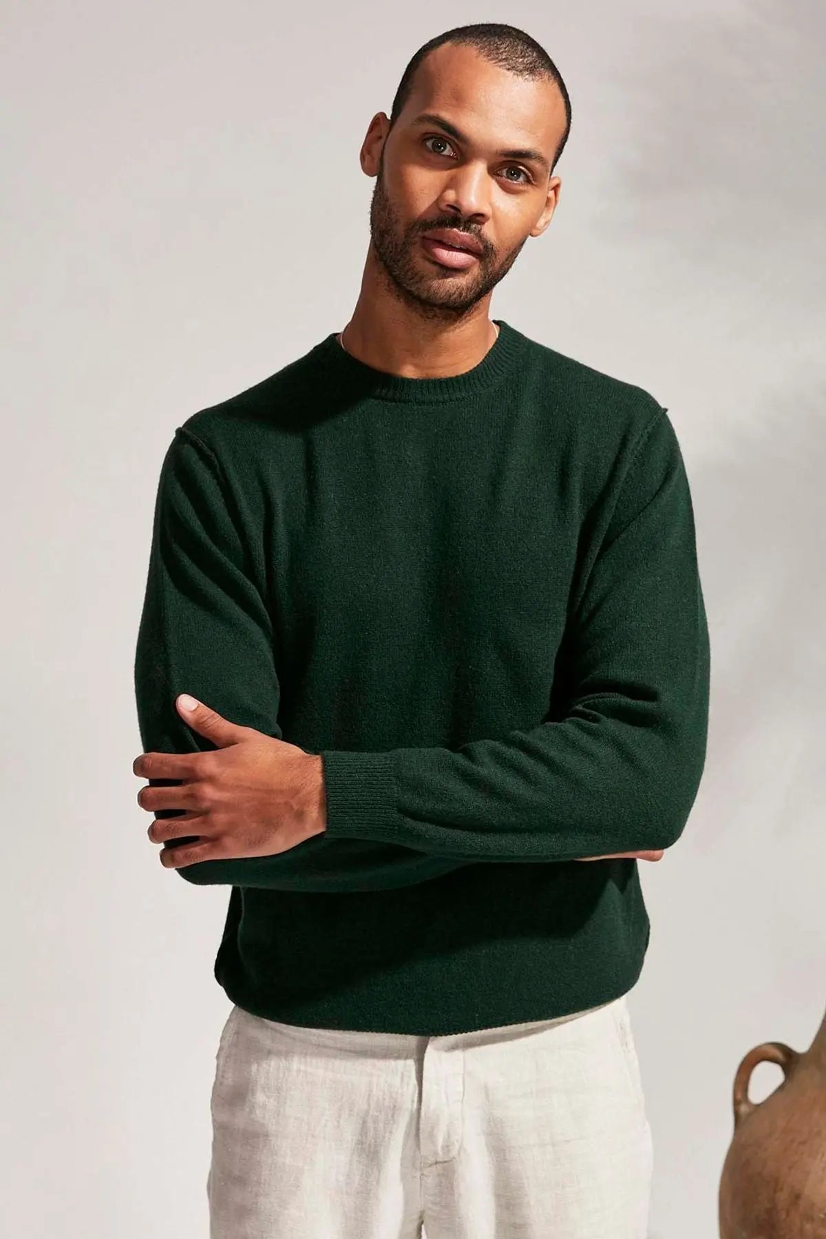 Yeşil Kaşmir ve Avustralya Yünü Erson Ters Dikiş Detaylı Yuvarlak Yaka Uzun Kollu Erkek Kazak Silk and Cashmere