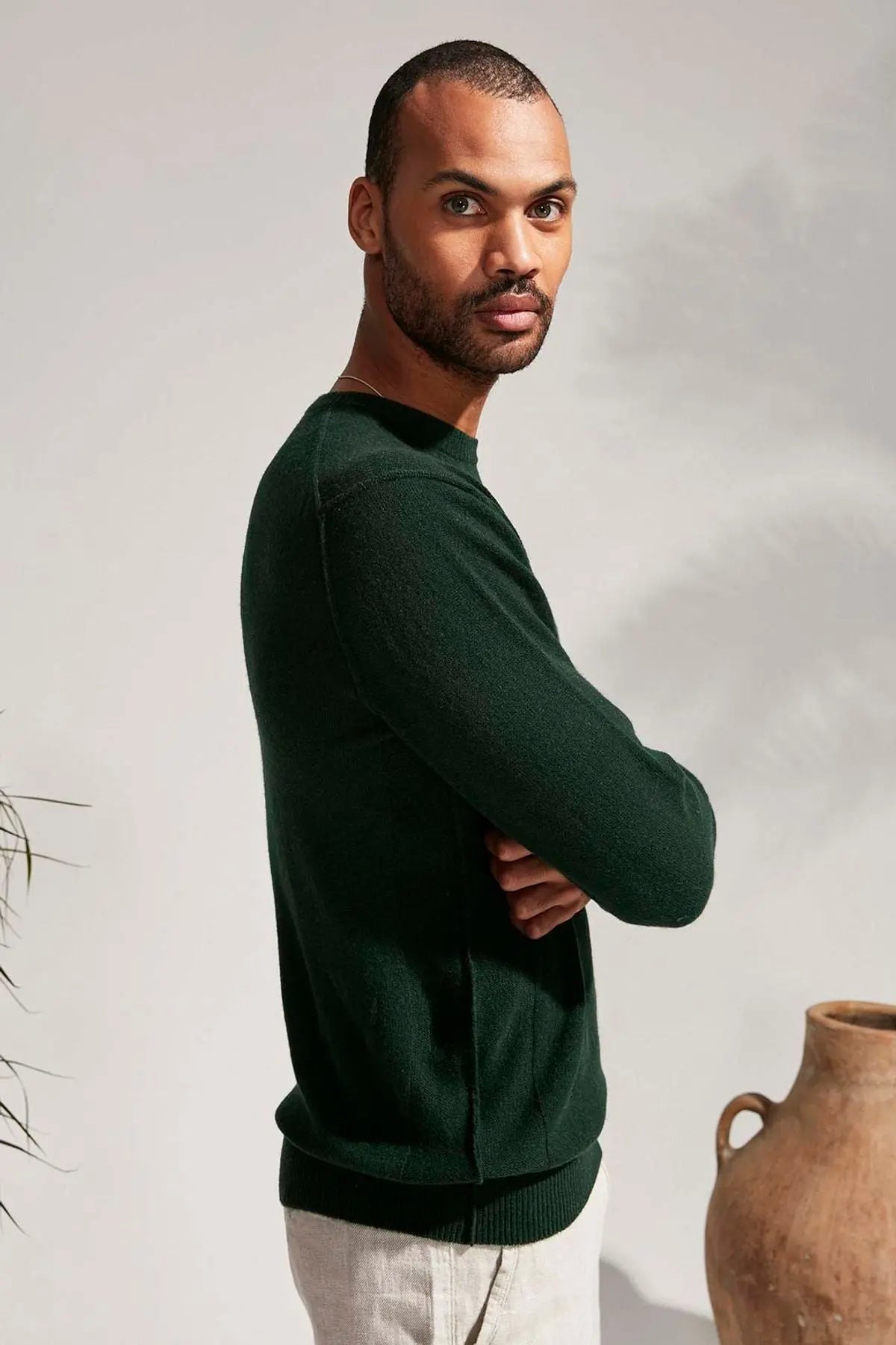 Yeşil Kaşmir ve Avustralya Yünü Erson Ters Dikiş Detaylı Yuvarlak Yaka Uzun Kollu Erkek Kazak Silk and Cashmere