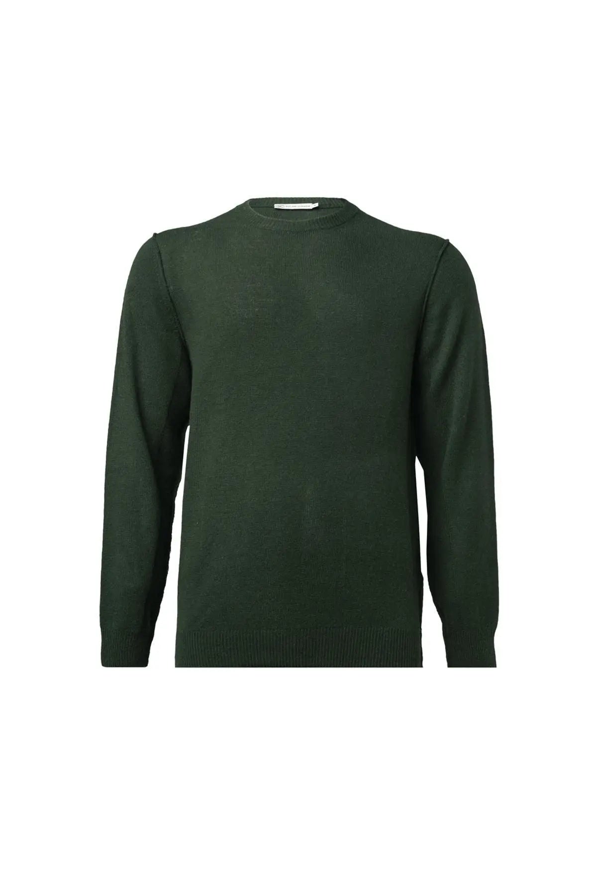 Yeşil Kaşmir ve Avustralya Yünü Erson Ters Dikiş Detaylı Yuvarlak Yaka Uzun Kollu Erkek Kazak Silk and Cashmere