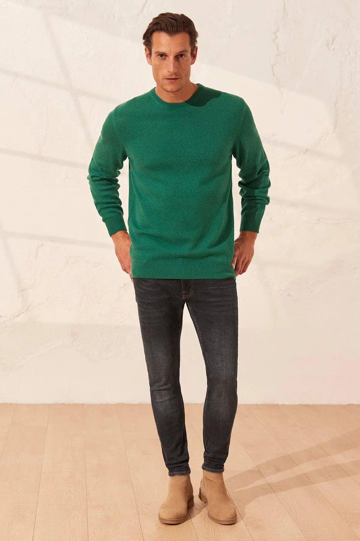 Yeşil Saf Kaşmir  Vincent Yuvarlak Yaka Uzun Kollu Erkek Kazak Silk and Cashmere