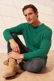 Yeşil Saf Kaşmir  Vincent Yuvarlak Yaka Uzun Kollu Erkek Kazak Silk and Cashmere