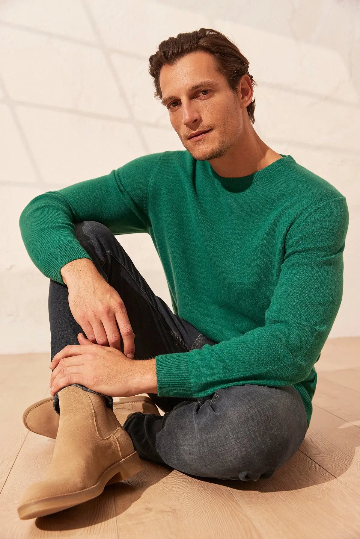 Yeşil Saf Kaşmir  Vincent Yuvarlak Yaka Uzun Kollu Erkek Kazak Silk and Cashmere