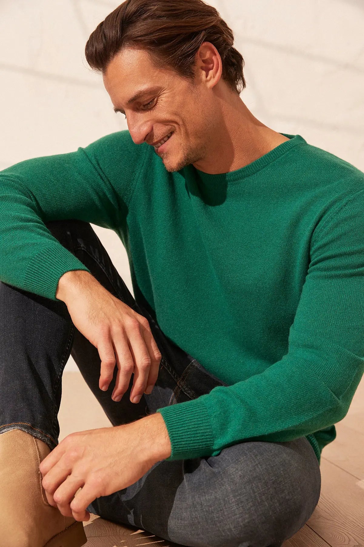 Yeşil Saf Kaşmir  Vincent Yuvarlak Yaka Uzun Kollu Erkek Kazak Silk and Cashmere