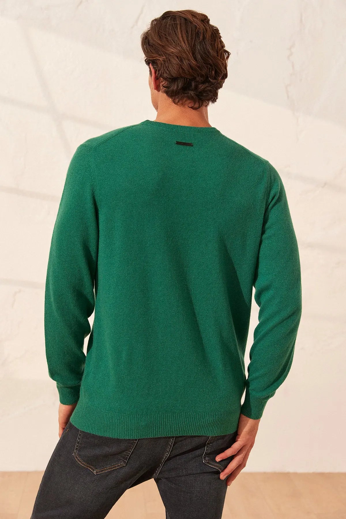 Yeşil Saf Kaşmir  Vincent Yuvarlak Yaka Uzun Kollu Erkek Kazak Silk and Cashmere