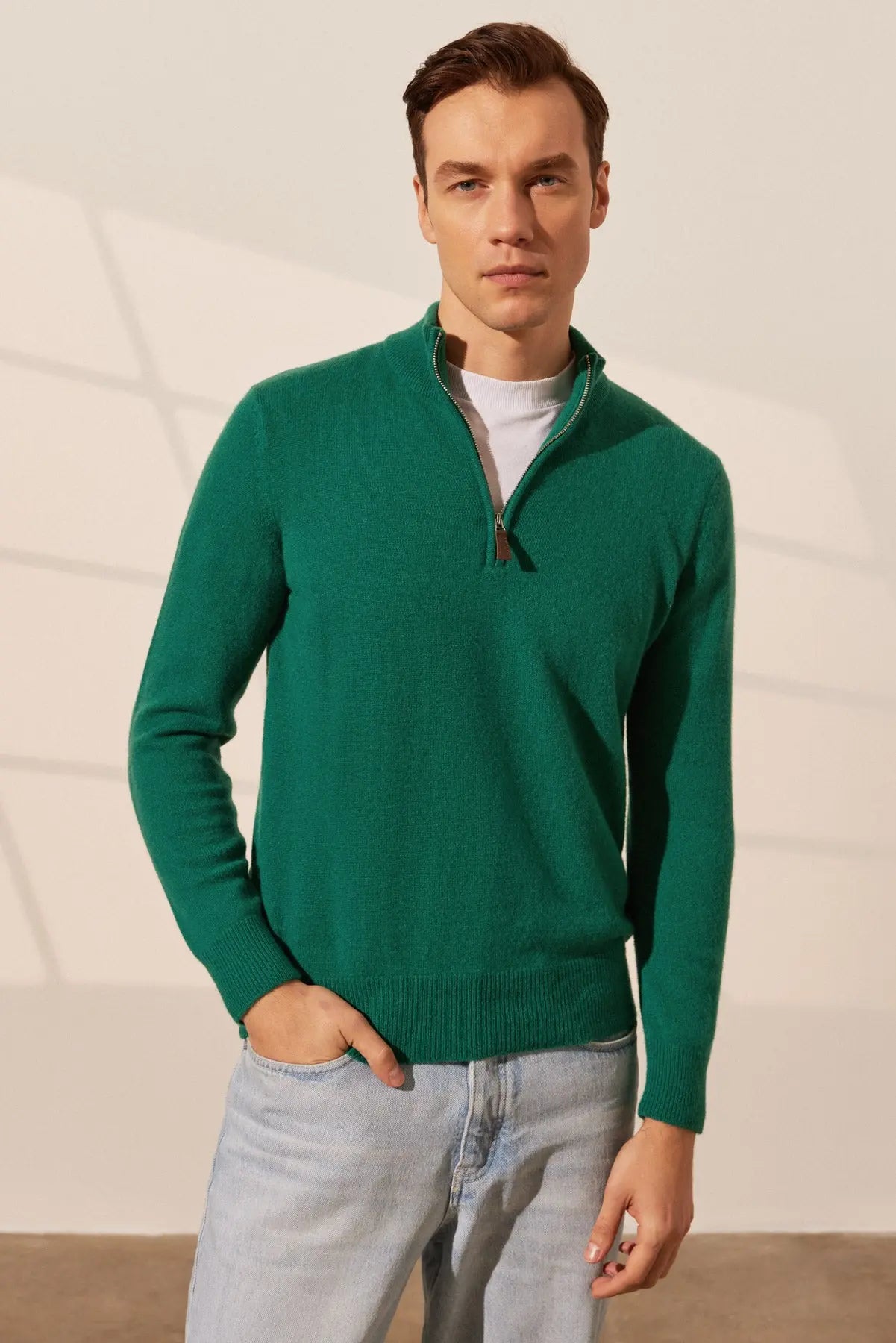 Yeşil Saf Kaşmir Fermuarlı Yarım Balıkçı Yaka Uzun Kollu Erkek Kazak Silk and Cashmere