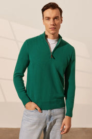 Yeşil Saf Kaşmir Fermuarlı Yarım Balıkçı Yaka Uzun Kollu Erkek Kazak Silk and Cashmere