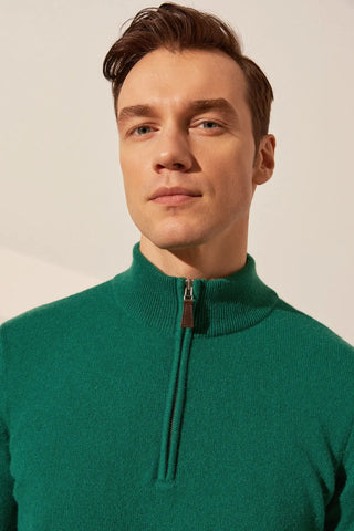 Yeşil Saf Kaşmir Fermuarlı Yarım Balıkçı Yaka Uzun Kollu Erkek Kazak Silk and Cashmere