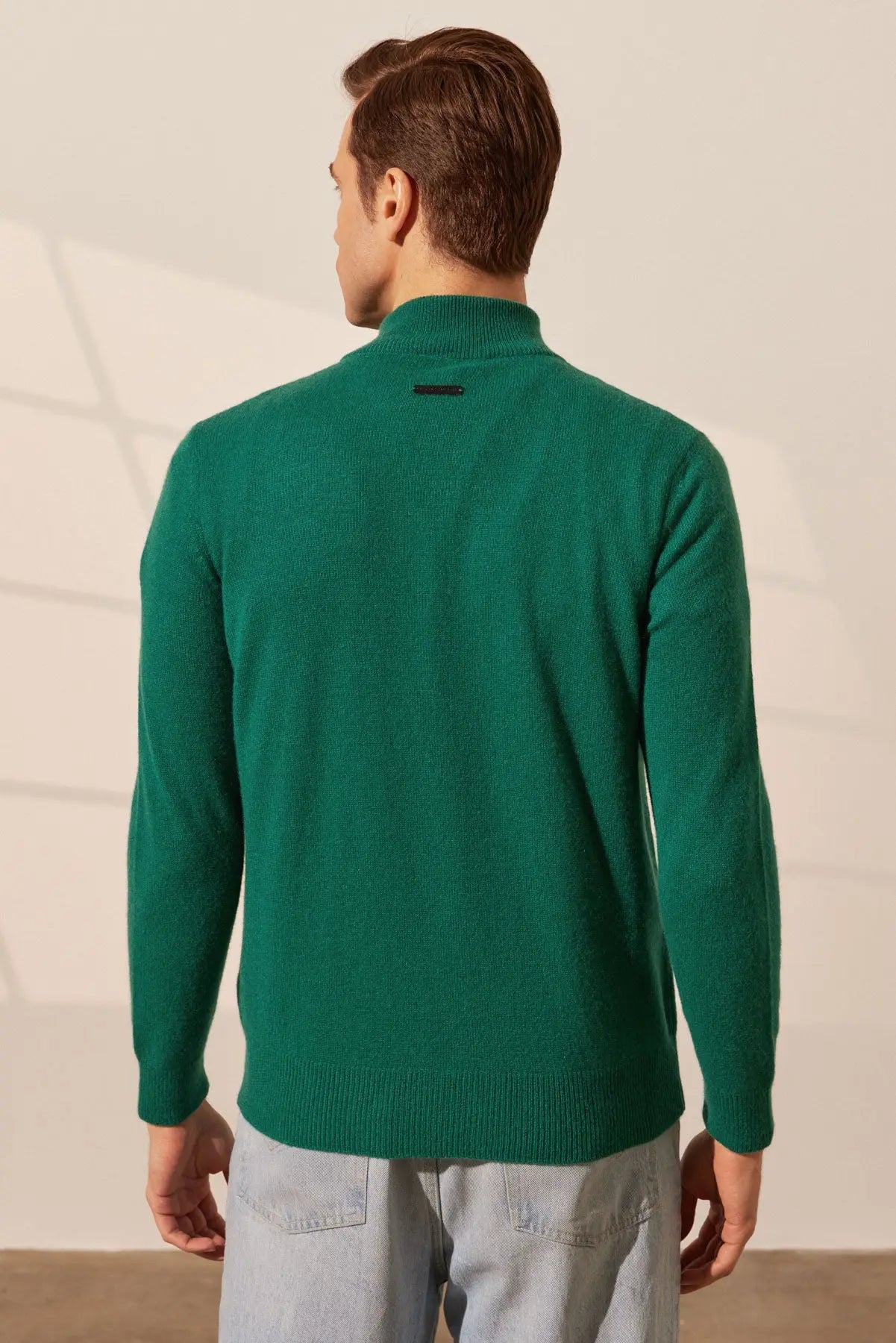 Yeşil Saf Kaşmir Fermuarlı Yarım Balıkçı Yaka Uzun Kollu Erkek Kazak Silk and Cashmere