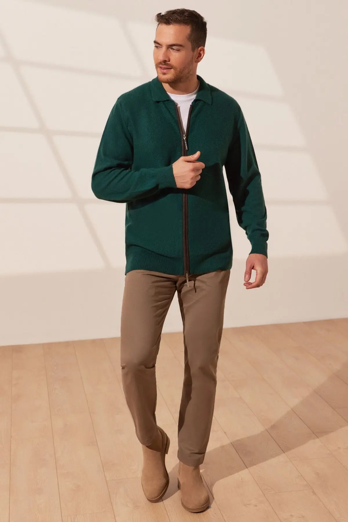 Yeşil Tricennial Saf Kaşmir Balık Sırtı Desenli Uzun Kollu Erkek Fermuarlı Hırka Silk and Cashmere