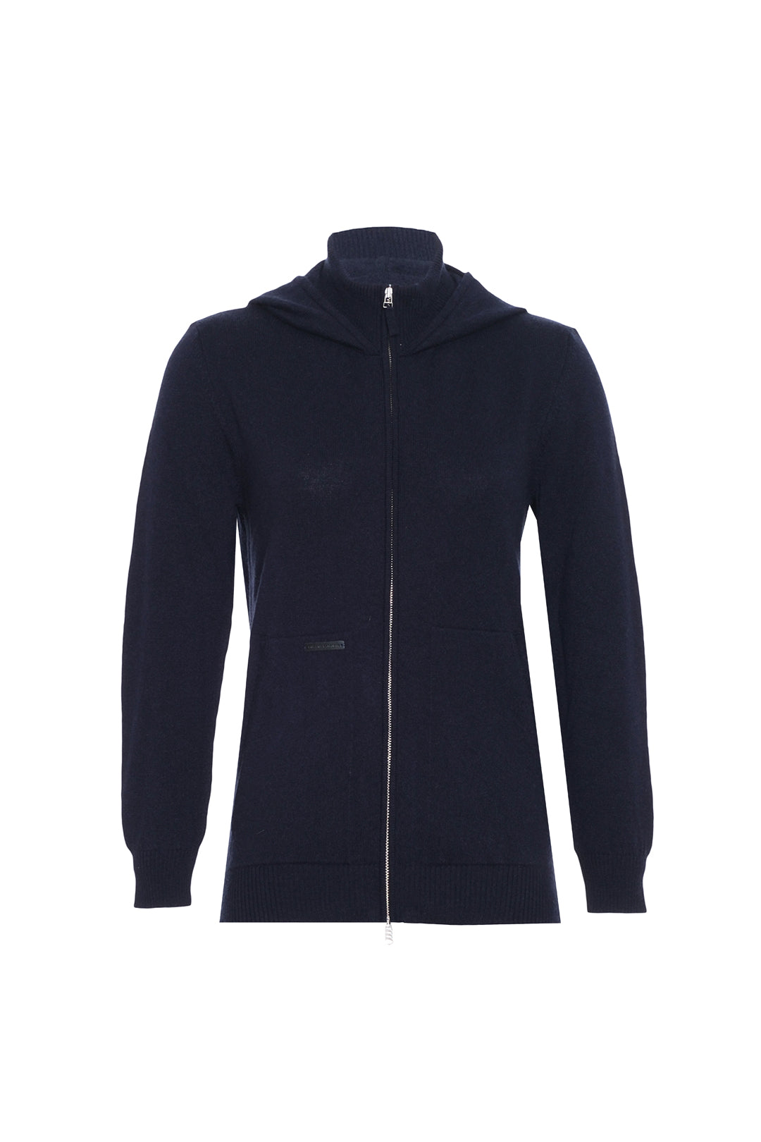 Lacivert Kaşmir ve Yün Geri Dönüştürülmüş  Reloved  Kadın Yüksek Yaka Kapüşonlu Hırka