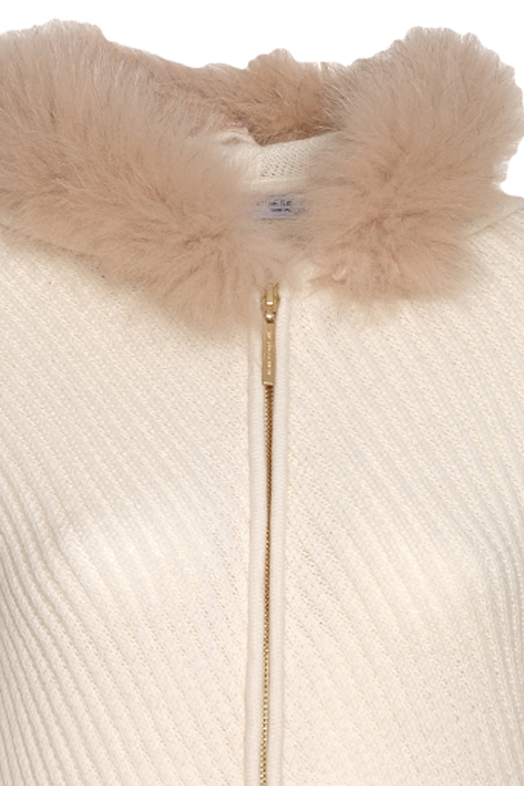 Ekru Kaşmir Yün Victoria Diagonal Dokulu Kürk Detaylı Kapüşonlu Hırka