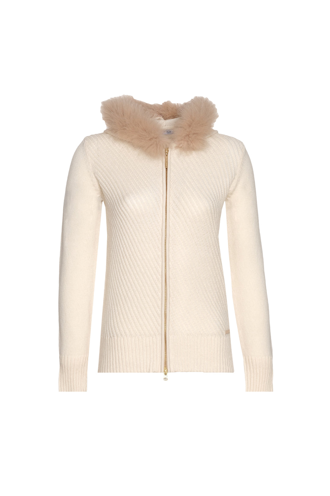 Ekru Kaşmir Yün Victoria Diagonal Dokulu Kürk Detaylı Kapüşonlu Hırka