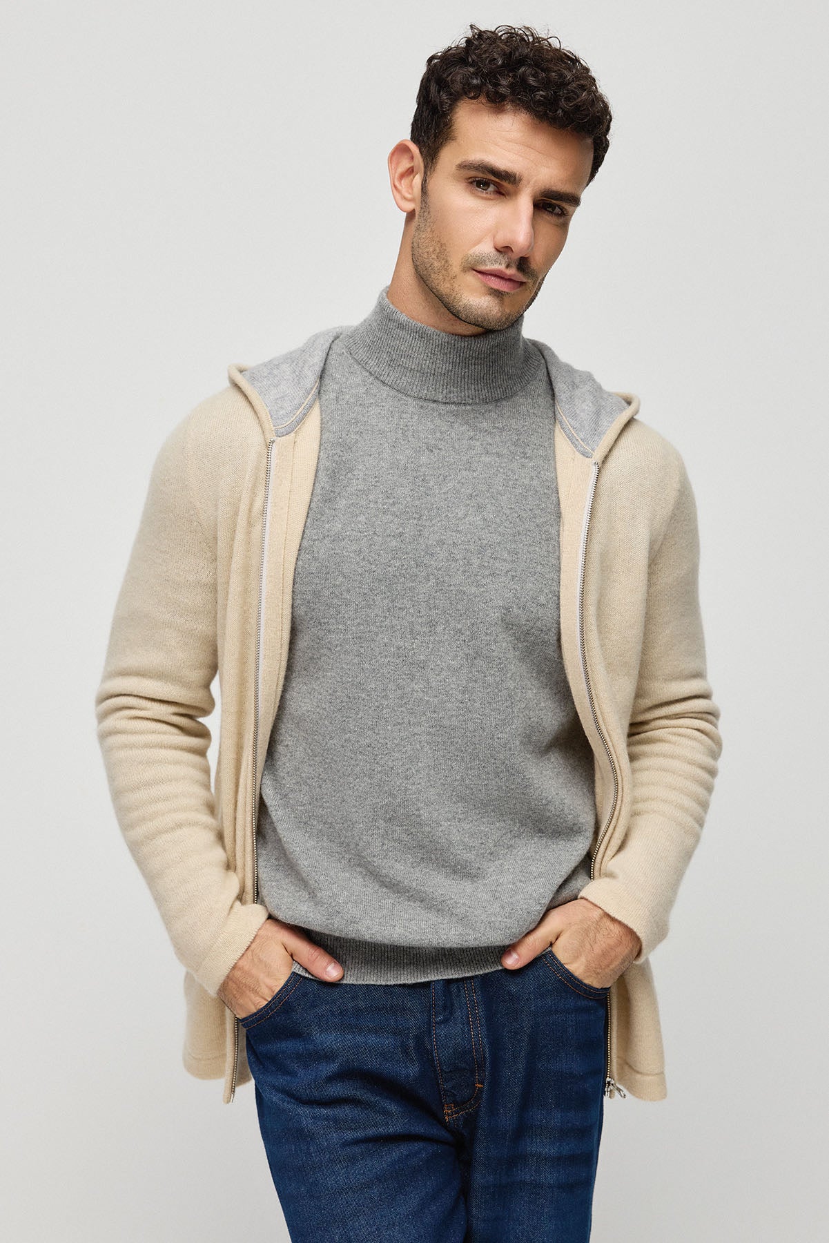 Kum Beji Saf Kaşmir Scott Erkek Kapüşonlu Hırka