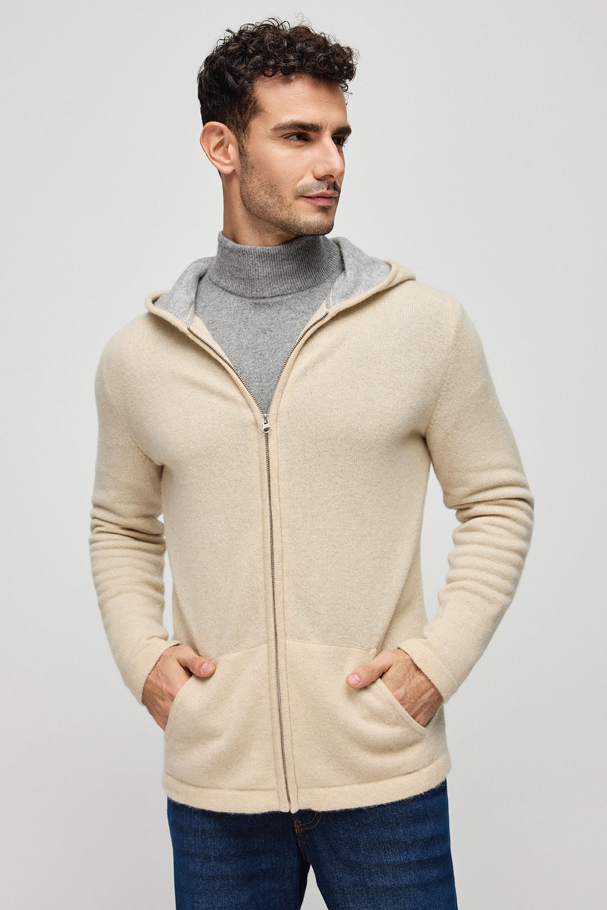 Kum Beji Saf Kaşmir Scott Erkek Kapüşonlu Hırka