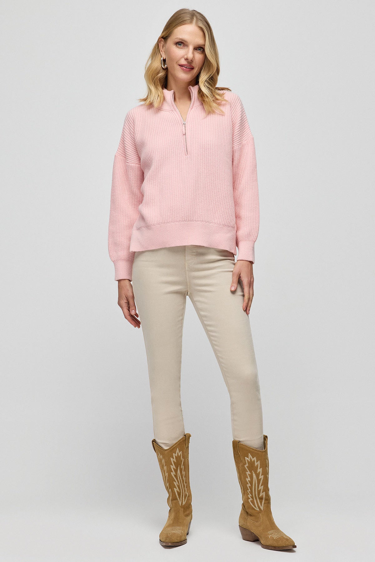 Pembe Aurora Avustralya Yünü Kaşmir Ribana Örgülü Fermuarlı Uzun Kollu Kadın Kazak