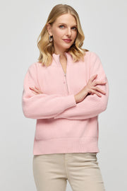 Pembe Aurora Avustralya Yünü Kaşmir Ribana Örgülü Fermuarlı Uzun Kollu Kadın Kazak