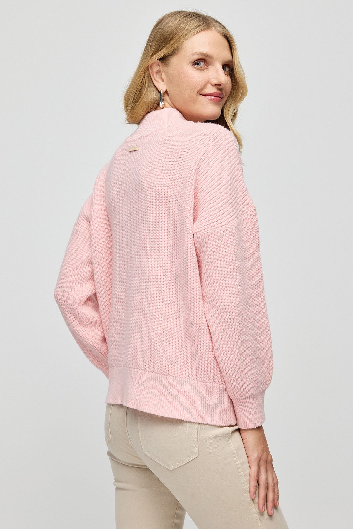 Pembe Aurora Avustralya Yünü Kaşmir Ribana Örgülü Fermuarlı Uzun Kollu Kadın Kazak