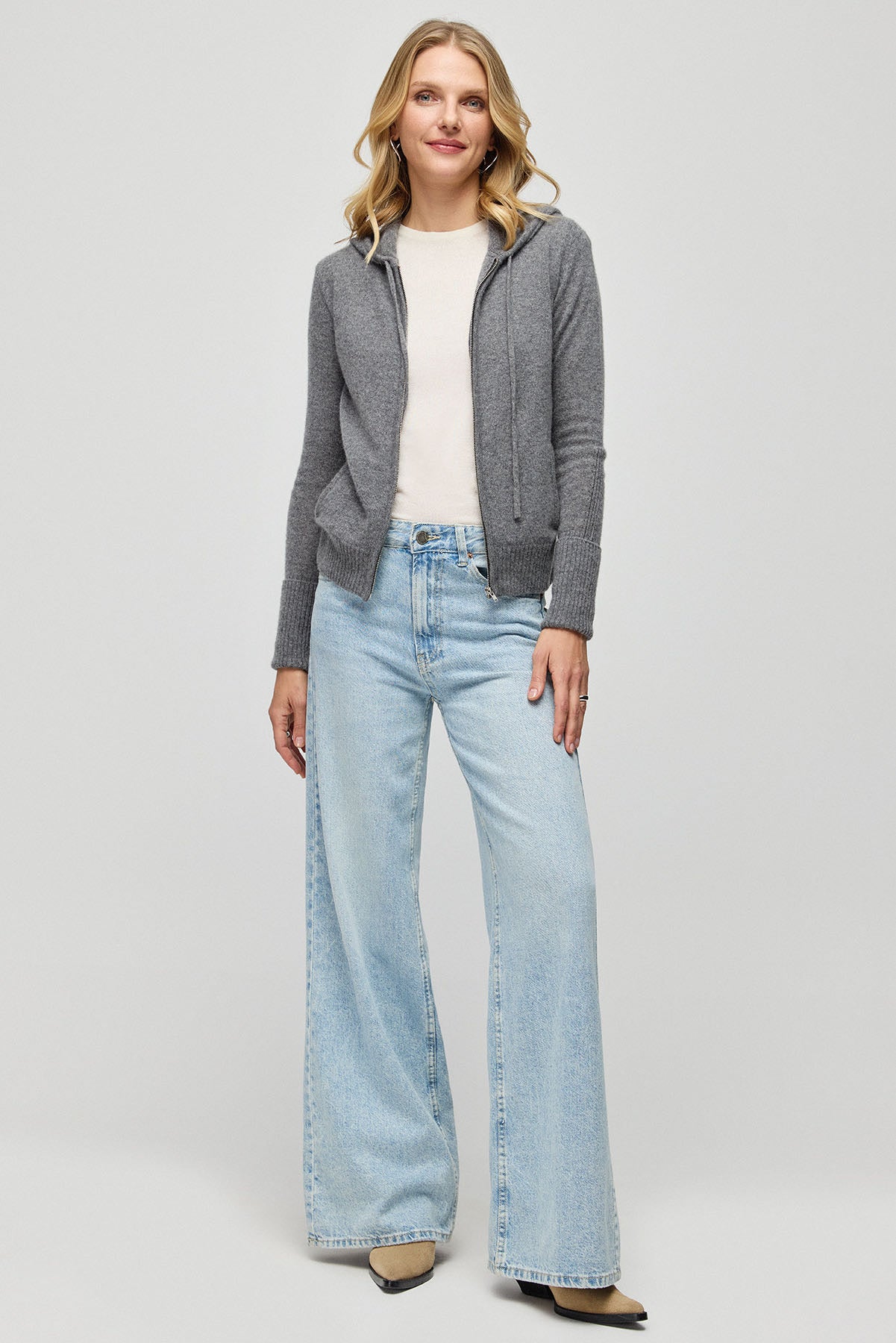 Orta Gri Melanj Orta Gri Melanj Saf Kaşmir Isabella Kadın Kapüşonlu Hırka