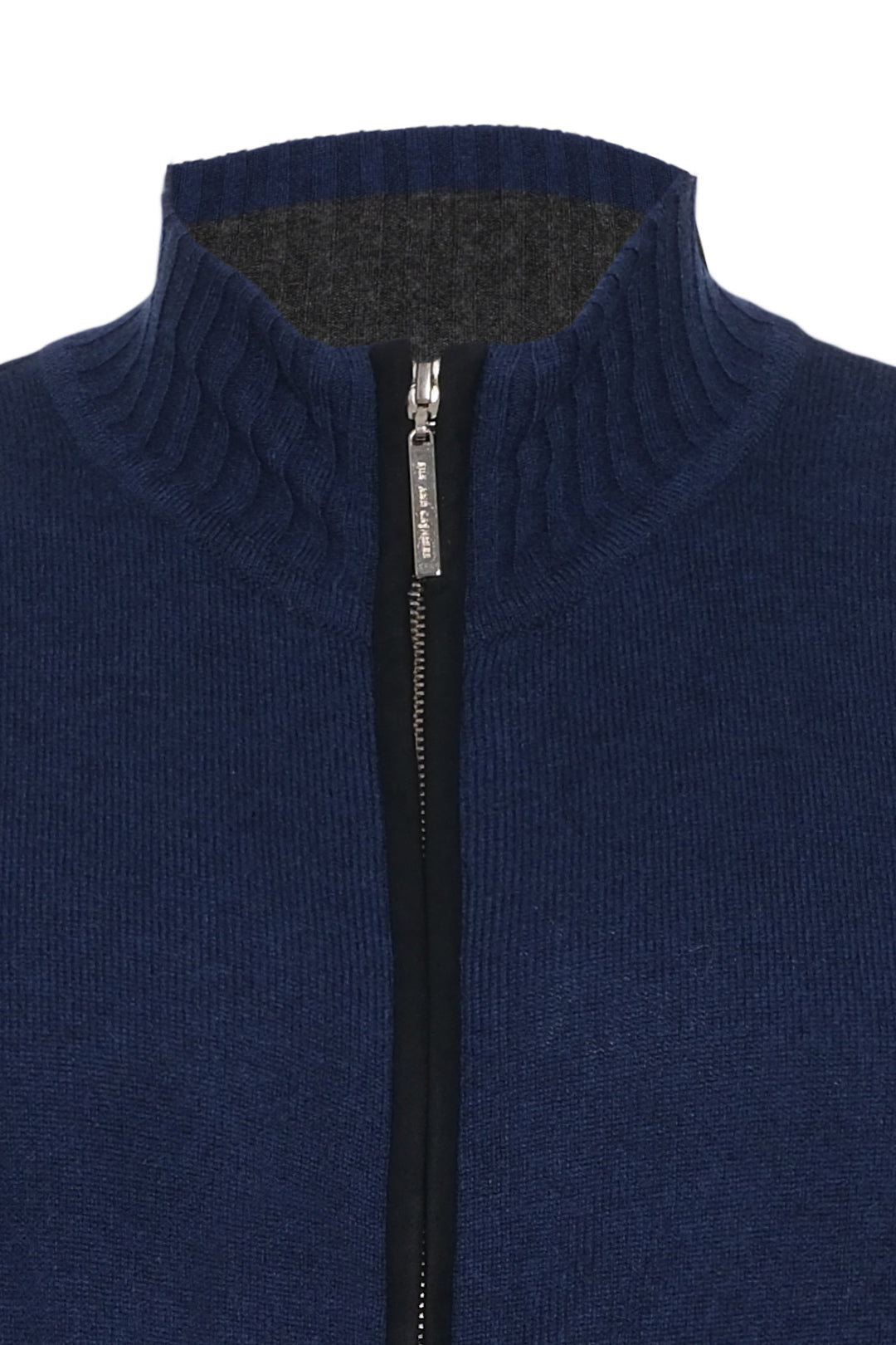 Lacivert Saf Kaşmir Deri Biyeli Yarım Balıkçı Yaka Fermuarlı Erkek Hırka