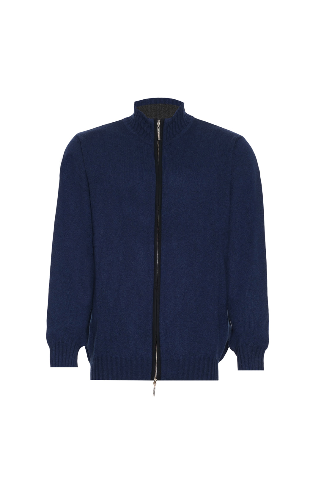 Lacivert Saf Kaşmir Deri Biyeli Yarım Balıkçı Yaka Fermuarlı Erkek Hırka