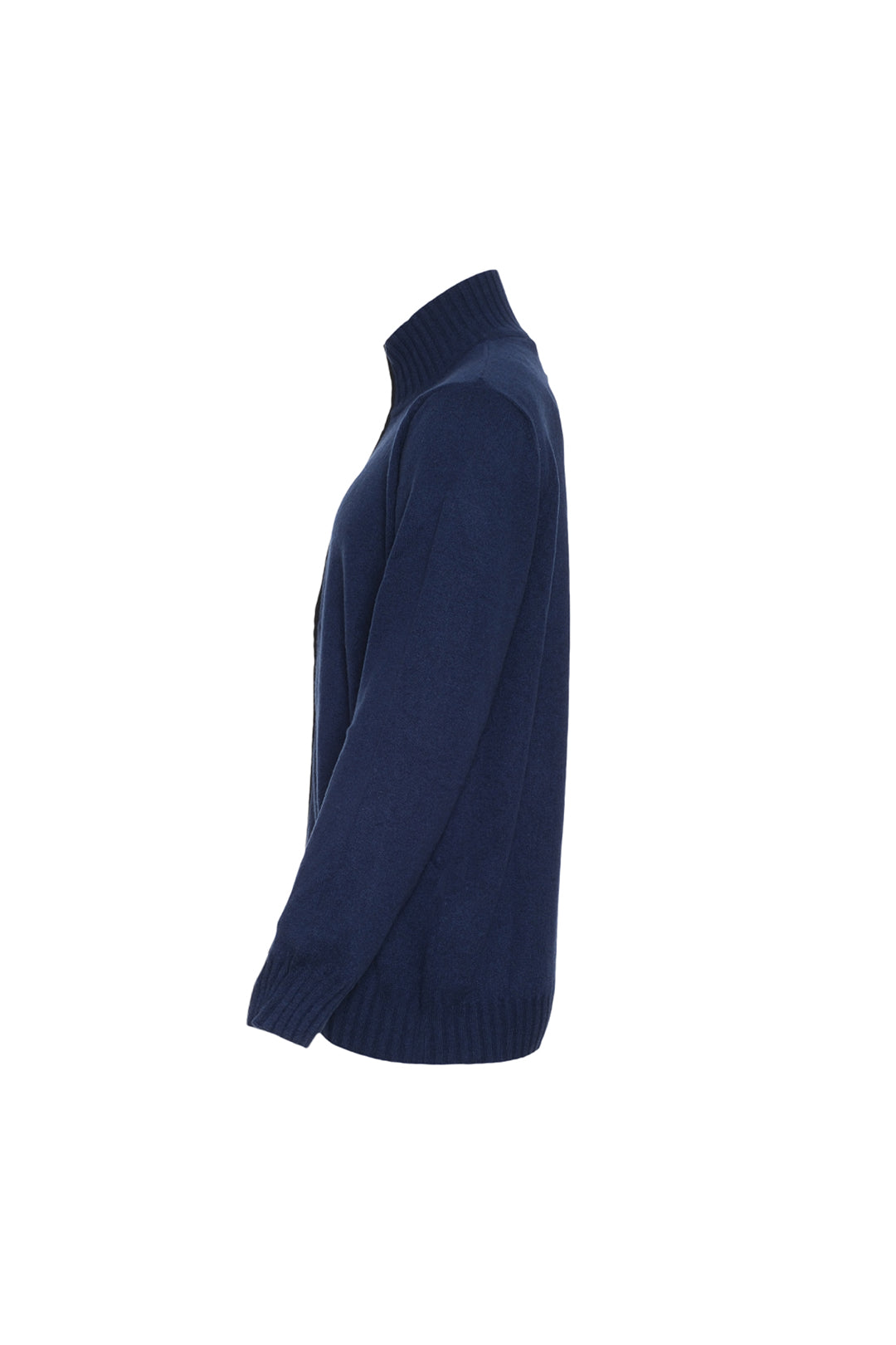 Lacivert Saf Kaşmir Deri Biyeli Yarım Balıkçı Yaka Fermuarlı Erkek Hırka