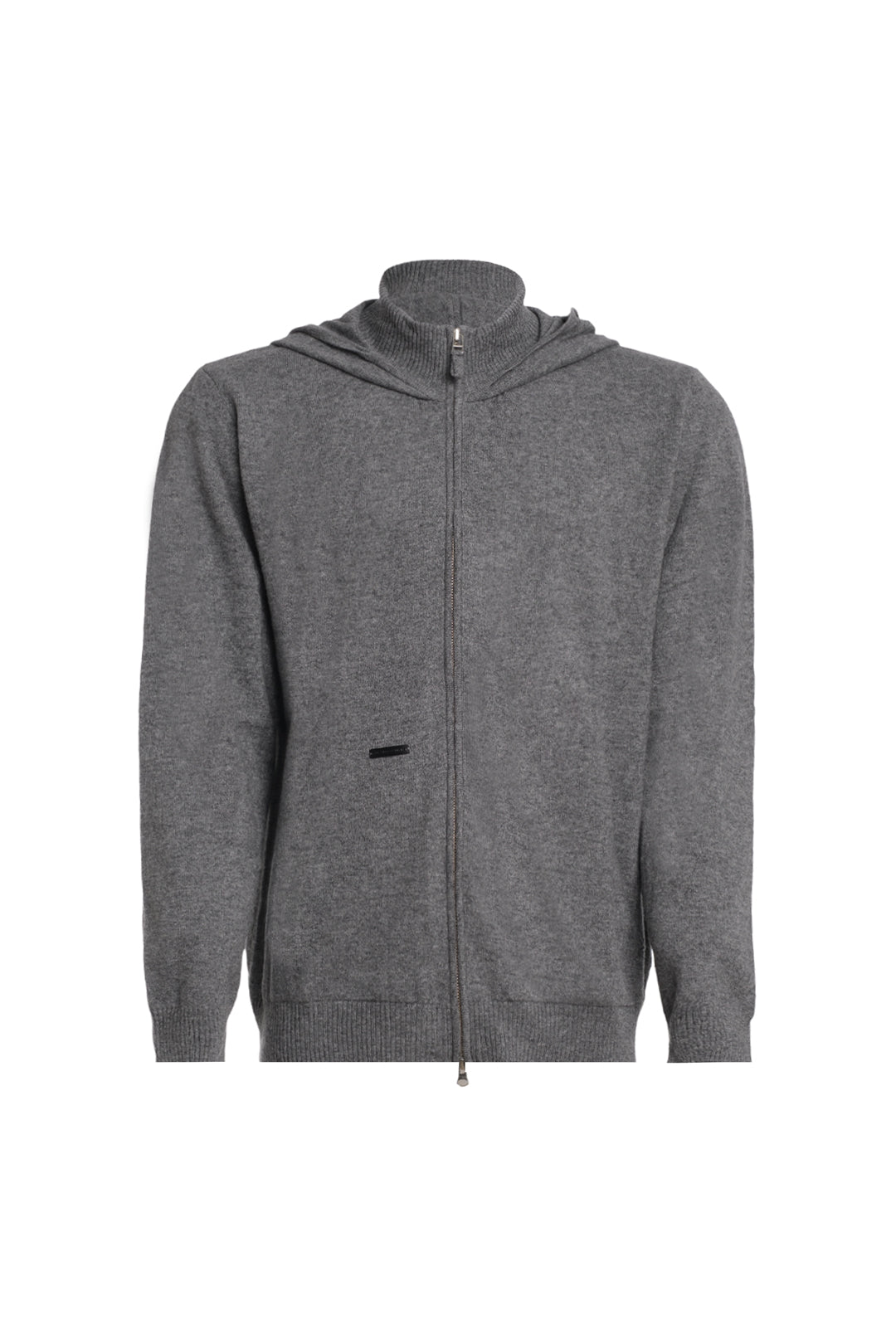 Orta Gri Melanj Kaşmir ve Yün Geri Dönüştürülmüş  Reloved  Yüksek Yaka Erkek Kapüşonlu Hırka